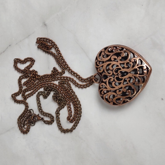Copper Scroll Work Puff Heart Necklace - Picture 2 of 6